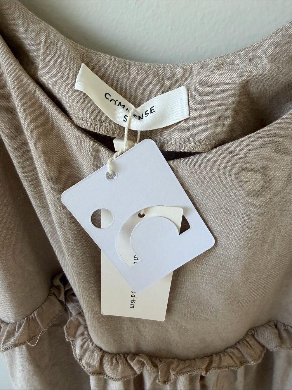 NWT Commense Size Small Cotton Linen Tie-Shoulder Mini Dress in Beige Tan Ruffle - Picture 4 of 15